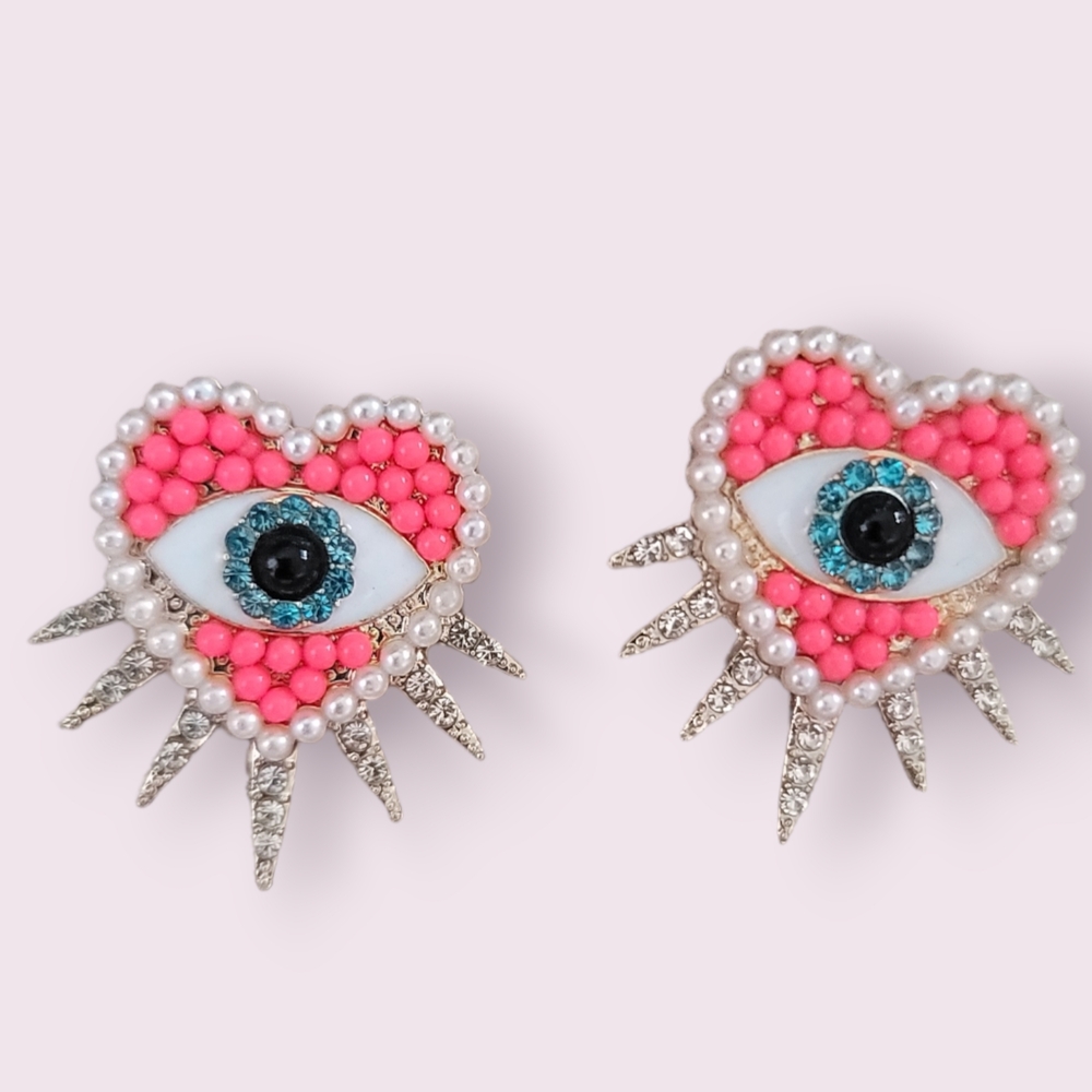 NEW Heart Eye Earrings with Pink and Silver Accents